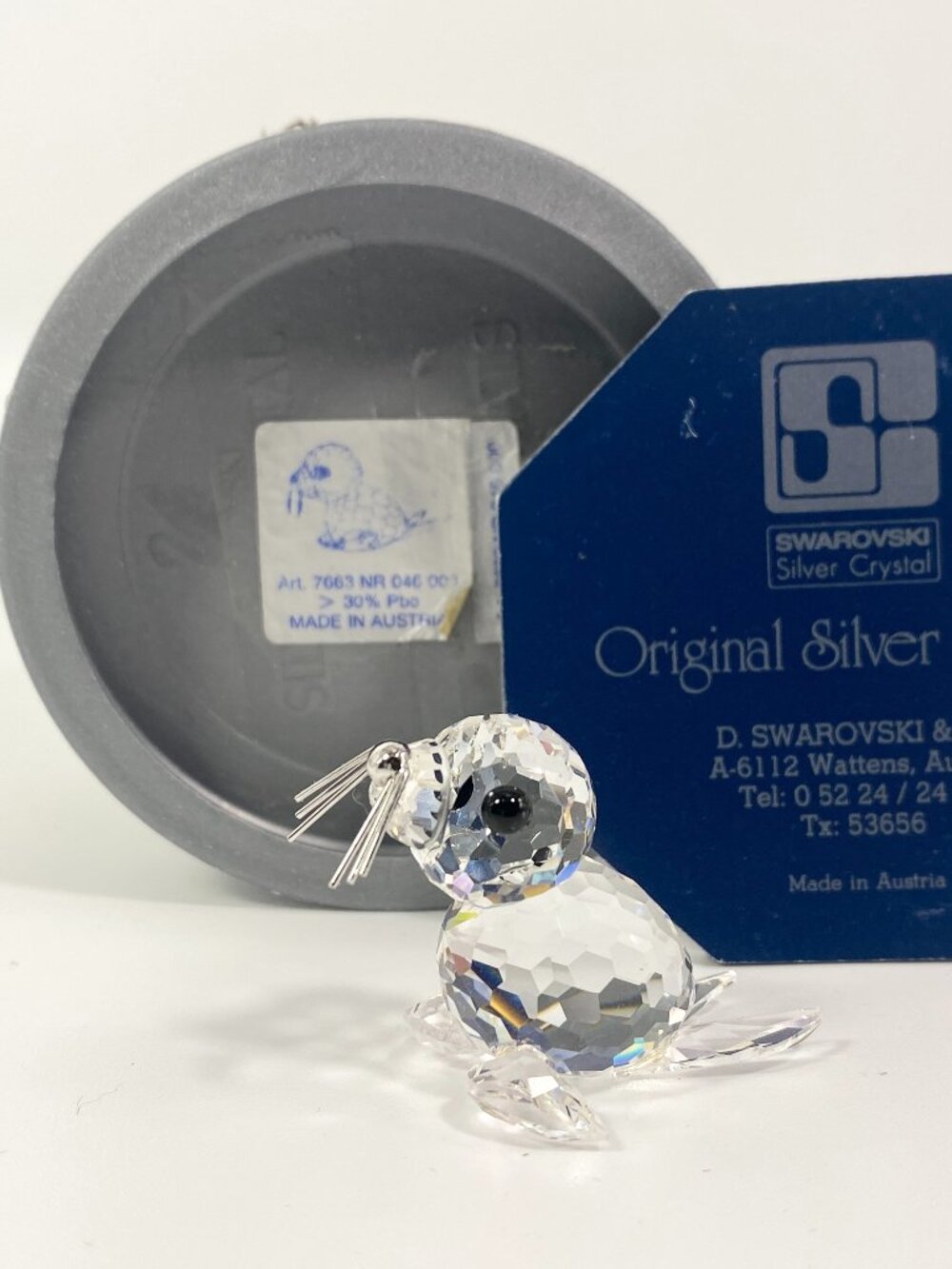 Swarovski Crystal BABY SEAL Figurine w Metal Whiskers  Retired Box COA